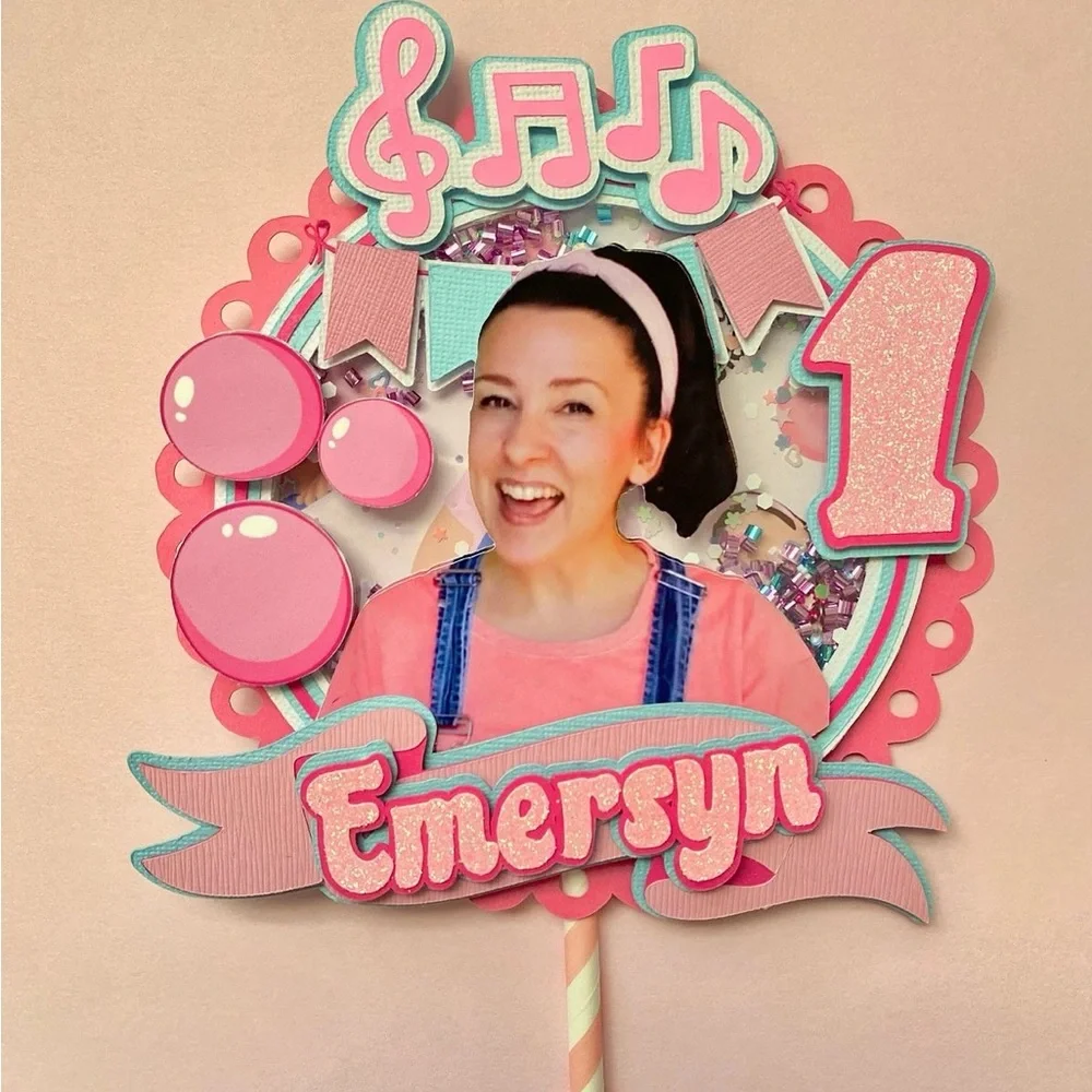 Ms.R Pink Musical First Birthday Cake Topper with Balloons
